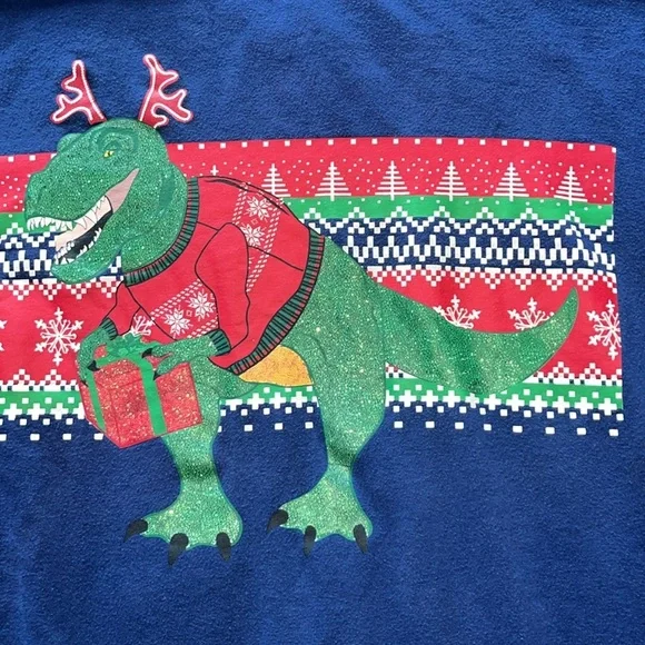 Holiday Ugly Sweater Blue Dinosaur Christmas Sweatshirt XL Crew neck Pullover - Picture 2 of 7